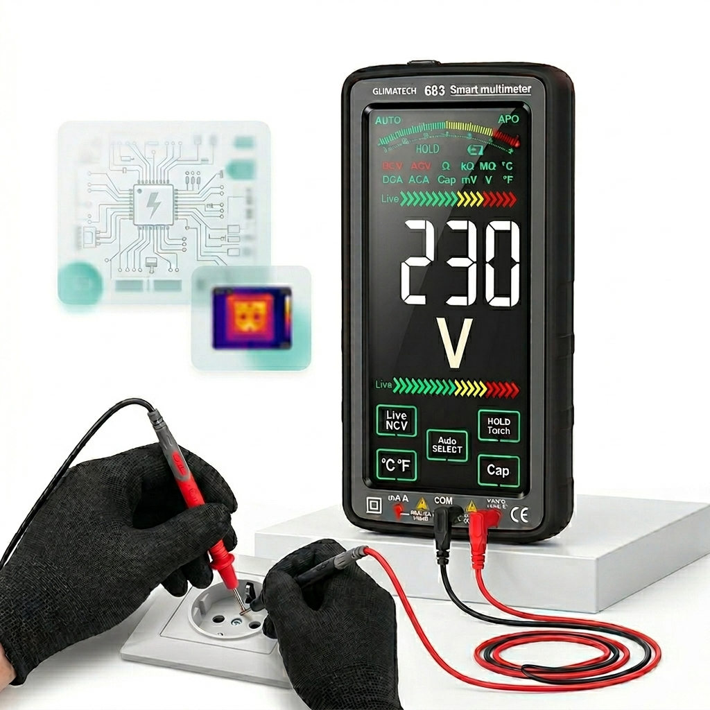 Multimetru digital smart cu touchscreen, 11 functii, NCV detectie automata, AC/DC 1000V, capacitate, rezistenta, frecventa, True RMS, GLIMATECH, ecran LCD, acumulator 1300mAh USB, lanterna integrata, husa transport, Negru