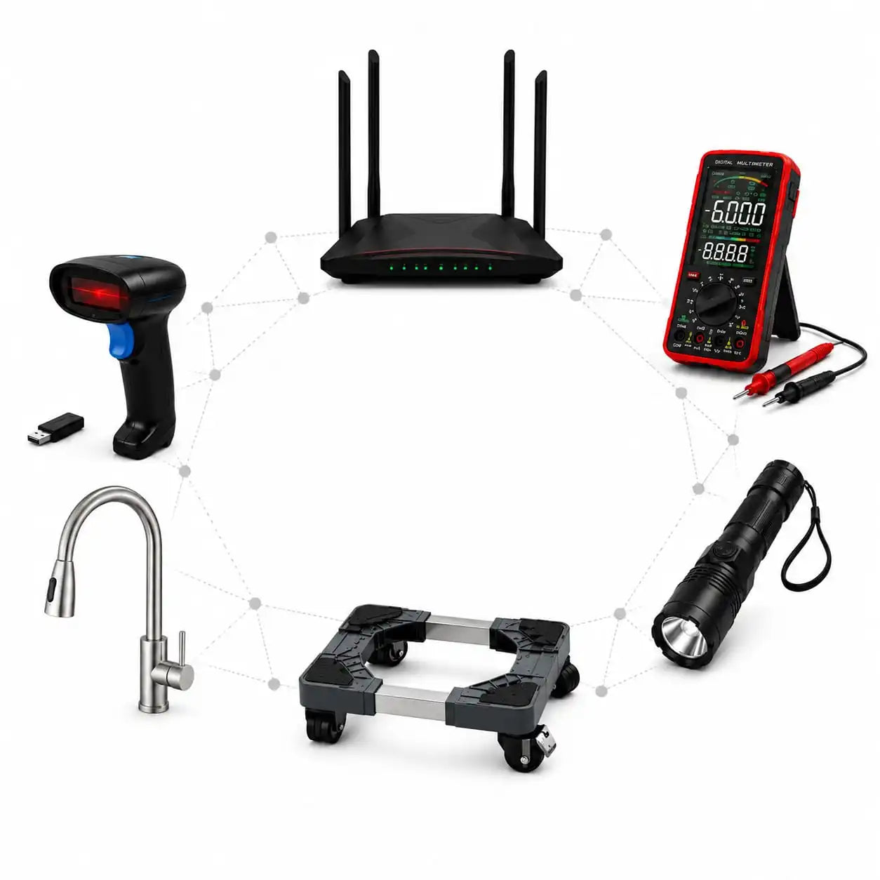 Glimatech gamă completă de produse - router WiFi, multimetru digital, baterie chiuvetă, lanternă, cititor coduri de bare și suport mobil