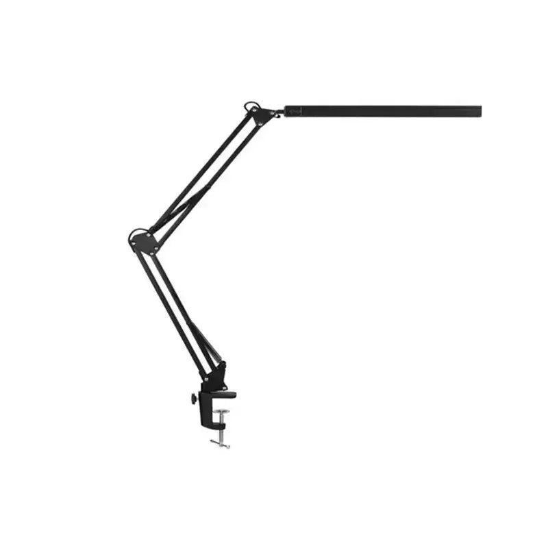 Lampa LED de birou Glimatech vedere laterala, brat articulat metalic pliabil cu clema prindere birou, design minimalist negru