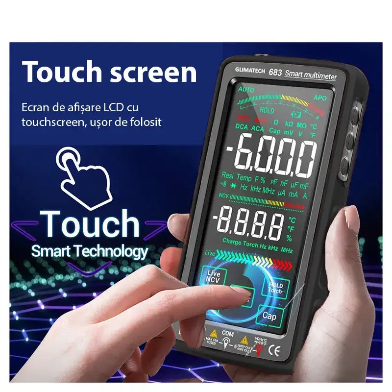 Multimetru digital smart Glimatech 683 cu ecran touchscreen LCD color, detecție automată Auto Select, măsurare rezistență și capacitate