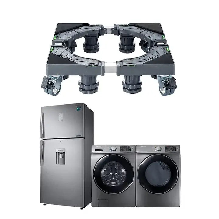 Suport reglabil Glimatech gri cu 8 picioare reglabile și 4 roți duble, compatibil mașină de spălat, uscător și frigider, susținere 300kg