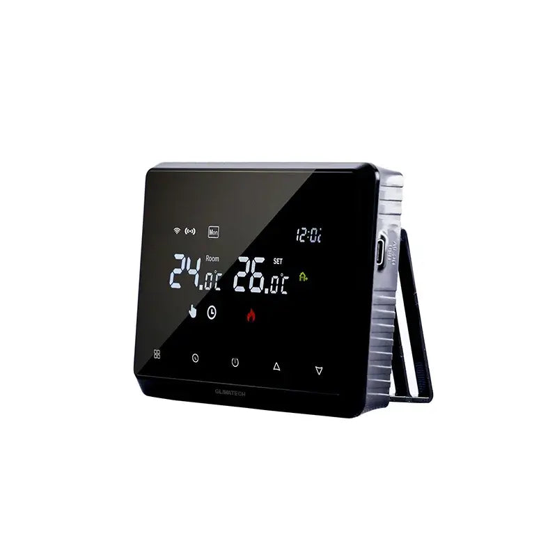 Termostat inteligent ambient Glimatech negru vedere laterală, ecran tactil LCD cu temperatură cameră 24°C și temperatură setată 26°C