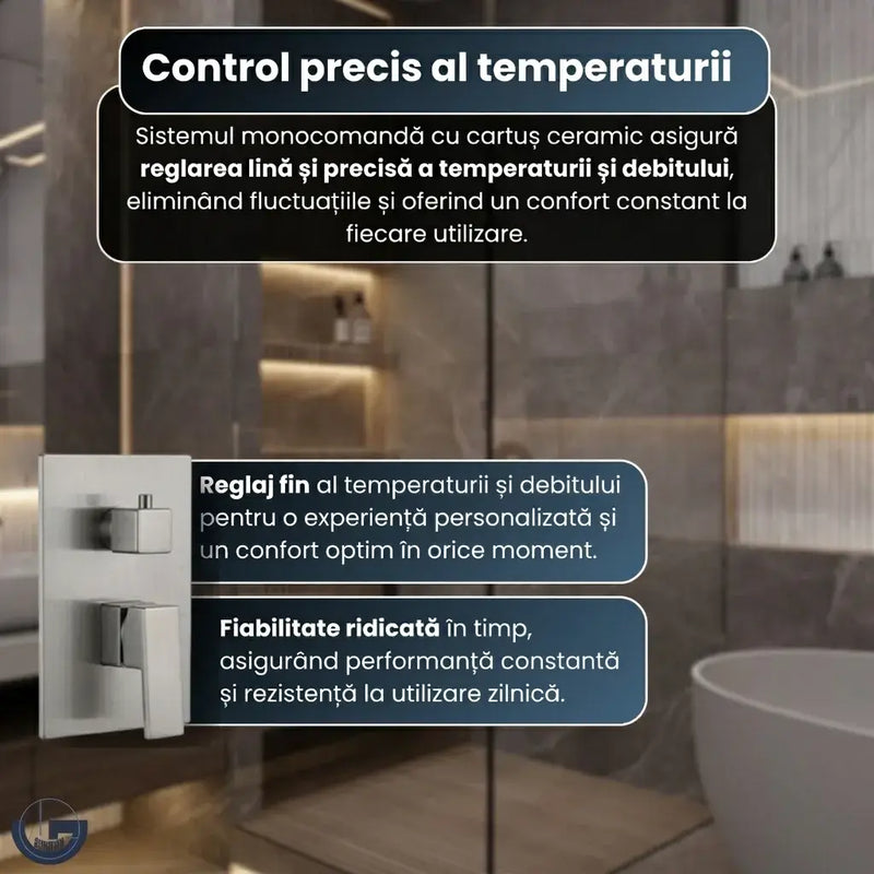 Set duș premium GLIMATECH cu sistem monocomandă cartuș ceramic, control precis temperatură și debit, fiabilitate ridicată utilizare zilnică, montaj pe perete