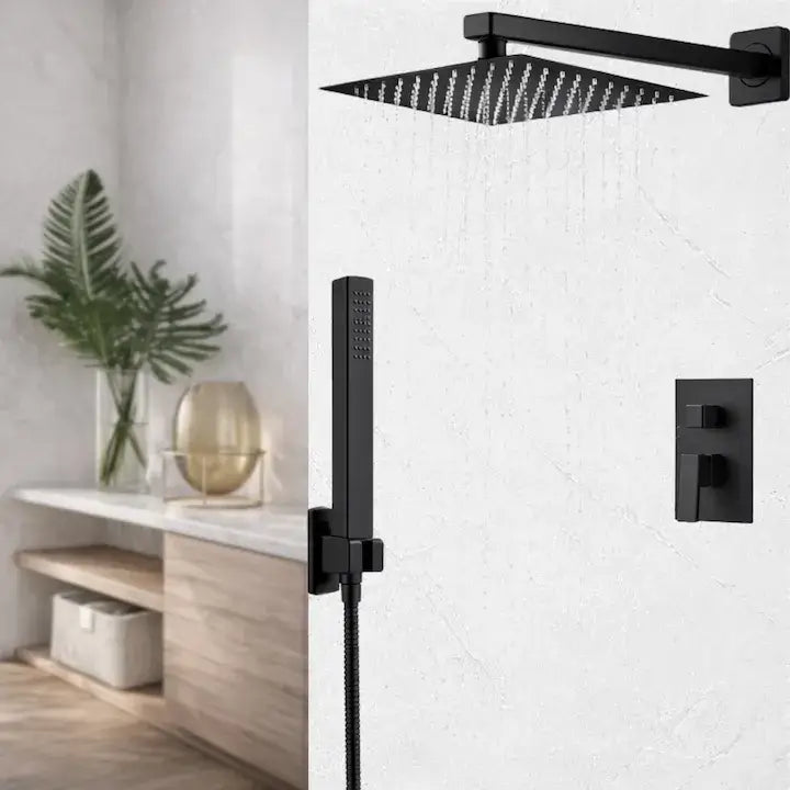 Set duș incastrat GLIMATECH negru mat, cap pătrat efect ploaie pe braț perete, pară ergonomică multifuncțională, baterie încastrată, design modern premium