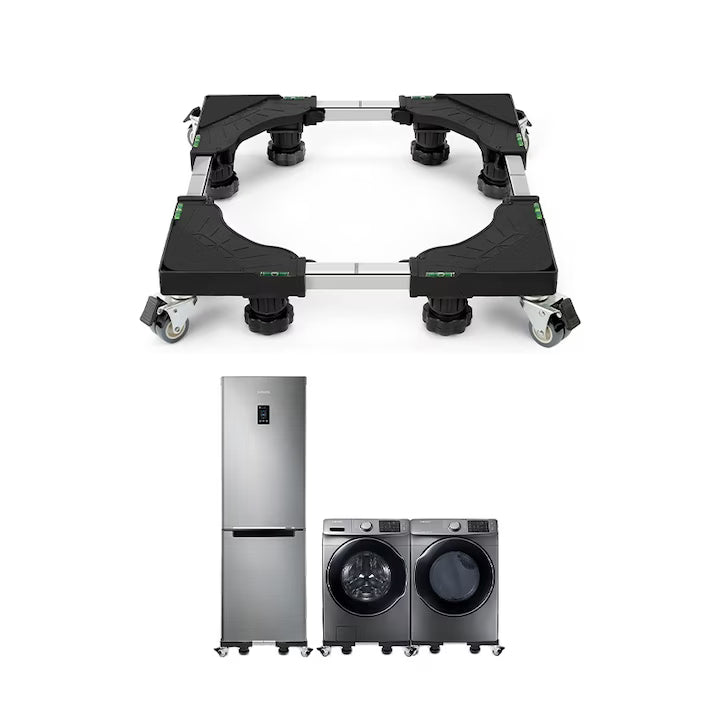 Suporturi reglabile cu picioare și roți pentru frigider, aragaz și electrocasnice, înălțime 11–12cm, până la 300kg, ușor de instalat. Disponibile în negru și gri.