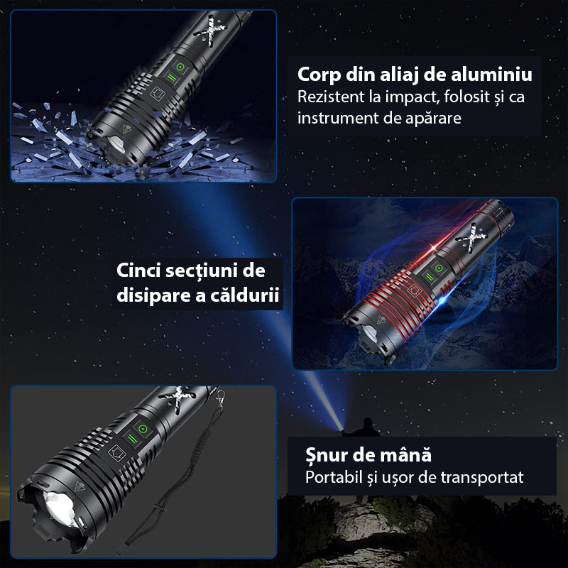Lanterna LED Profesionala GLIMATECH, Reincarcabila, Focus ajustabil, Rezistenta la apa, Incarcare USB, 5 moduri de iluminare, 120.000 lumeni, Acumulator 26650 inclus, Negru