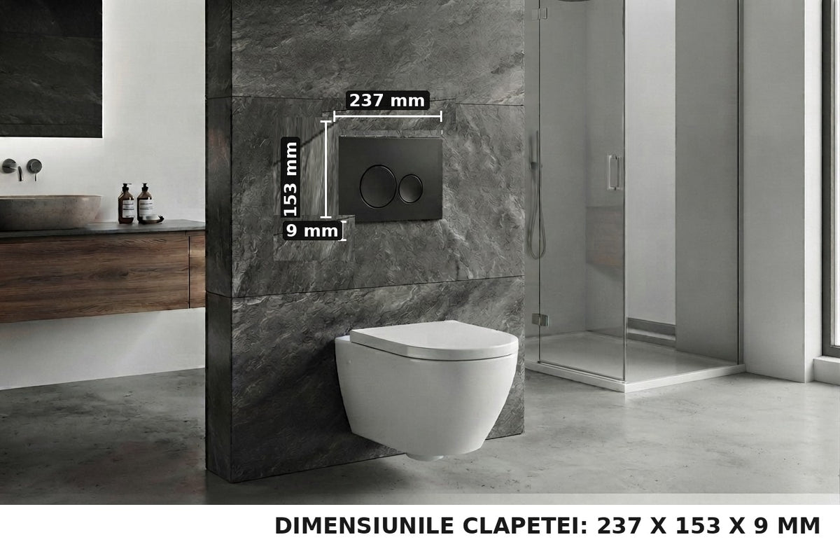 Clapeta de actionare WC GLIMATECH, dubla comanda, montaj universal rezervor incastrat, spalare cu doua volume de apa, rama ajustabila inclusa, butoane rotunde, negru mat