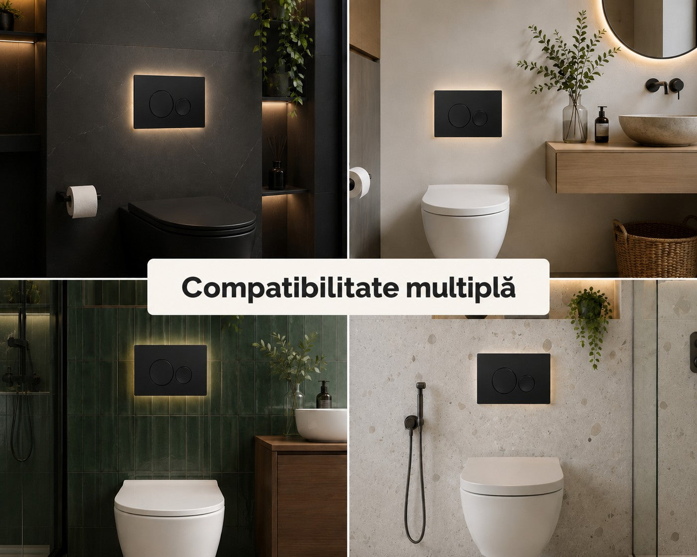 Clapeta de actionare WC GLIMATECH, dubla comanda, montaj universal rezervor incastrat, spalare cu doua volume de apa, rama ajustabila inclusa, butoane rotunde, negru mat