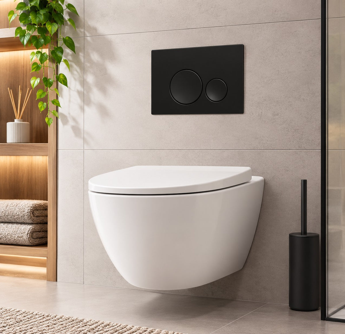 Clapeta de actionare WC GLIMATECH, dubla comanda, montaj universal rezervor incastrat, spalare cu doua volume de apa, rama ajustabila inclusa, butoane rotunde, negru mat