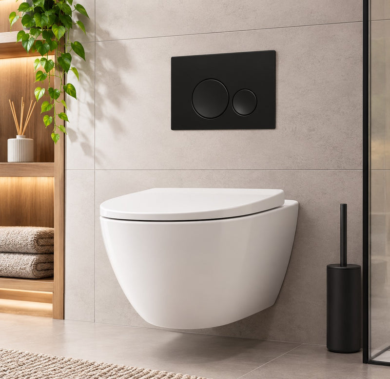 Clapeta de actionare WC GLIMATECH, dubla comanda, montaj universal rezervor incastrat, spalare cu doua volume de apa, rama ajustabila inclusa, butoane rotunde, negru mat