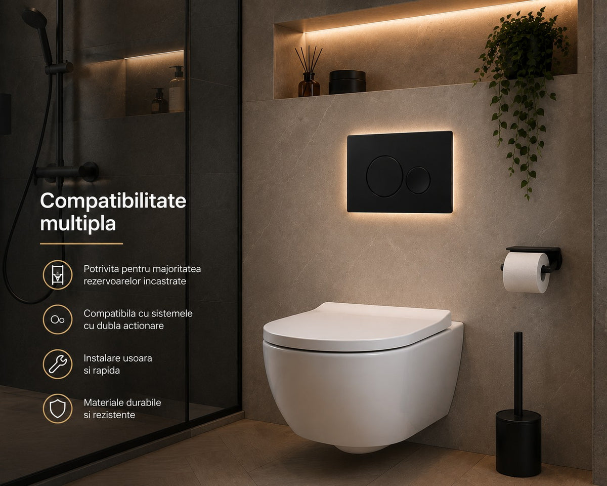 Clapeta de actionare WC GLIMATECH, dubla comanda, montaj universal rezervor incastrat, spalare cu doua volume de apa, rama ajustabila inclusa, butoane rotunde, negru mat
