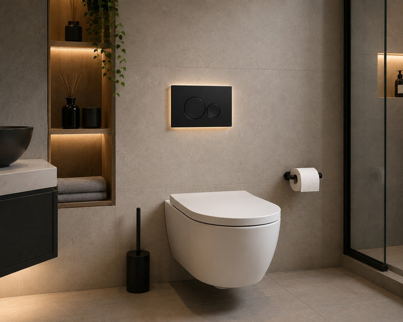 Clapeta de actionare WC GLIMATECH, dubla comanda, montaj universal rezervor incastrat, spalare cu doua volume de apa, rama ajustabila inclusa, butoane rotunde, negru mat