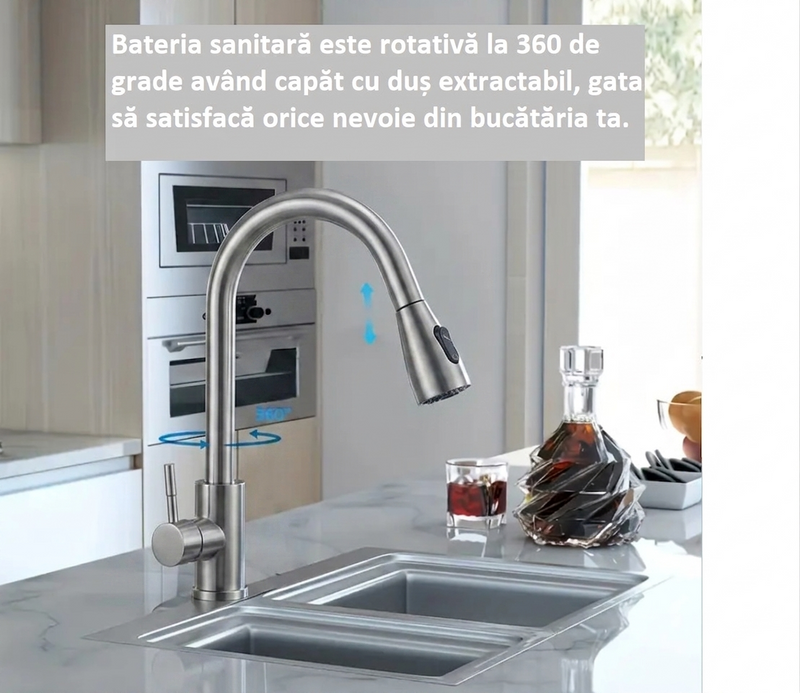 Baterie bucătărie GLIMATECH cu duș extractabil, gri inox