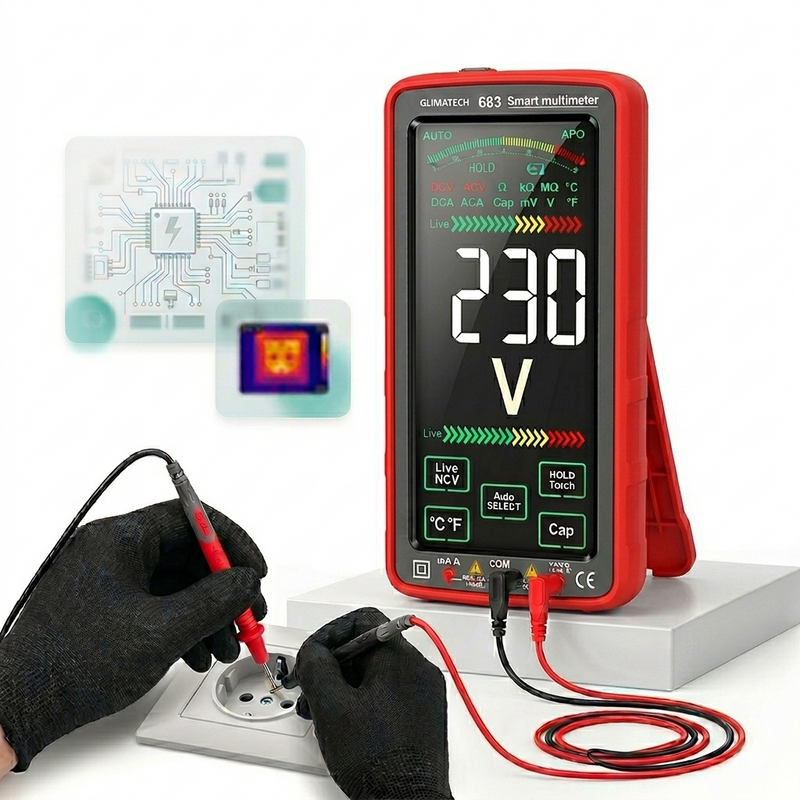 Multimetru digital smart GLIMATECH cu touchscreen, True RMS, roșu
