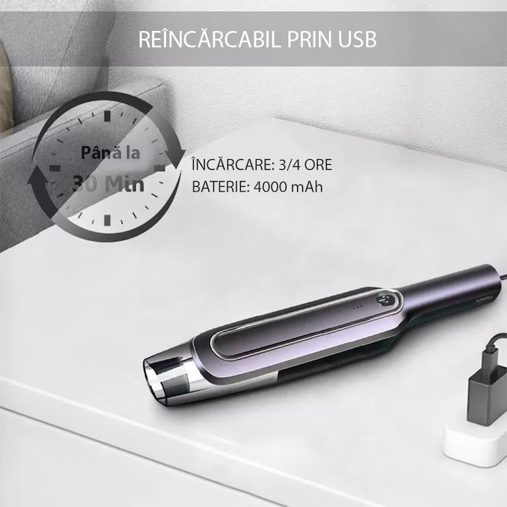 Aspirator portabil fara fir pentru casa si masina GLIMATECH, Wireless, Putere 120W, Timp de lucru 30 de minute, Aspiratie ciclonica, 6000Pa, Filtru si Accesorii incluse, Cablu incarcare USB inclus