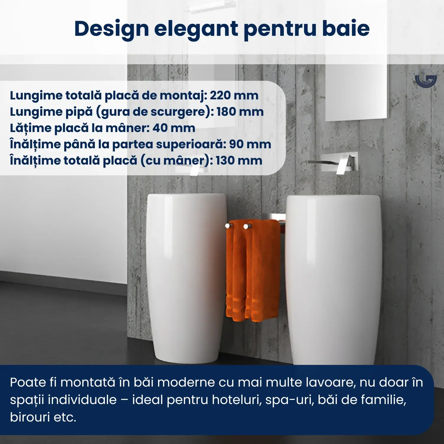 Baterie sanitară chiuvetă baie GLIMATECH gri, design elegant, placă montaj 220mm, pipă 180mm, ideală hoteluri spa birouri și băi moderne