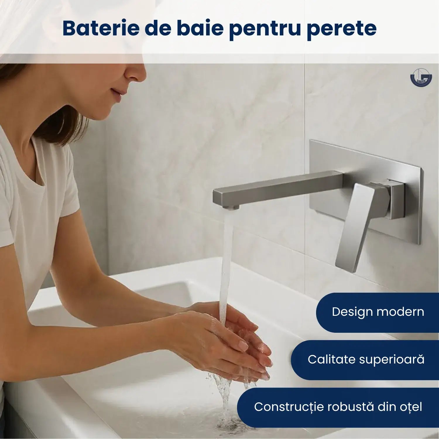 Baterie sanitară chiuvetă baie GLIMATECH gri, design modern, calitate superioară, construcție robustă din oțel inoxidabil, prindere în perete