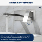 Baterie sanitară chiuvetă baie GLIMATECH gri cu mâner monocomandă lift-up, reglare simplă temperatură și debit apă, prindere în perete