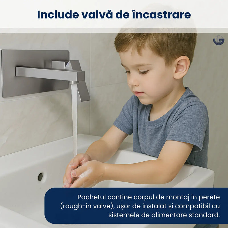 Baterie sanitară chiuvetă baie GLIMATECH gri cu valvă de încastrare inclusă, corp montaj în perete rough-in valve, ușor de instalat