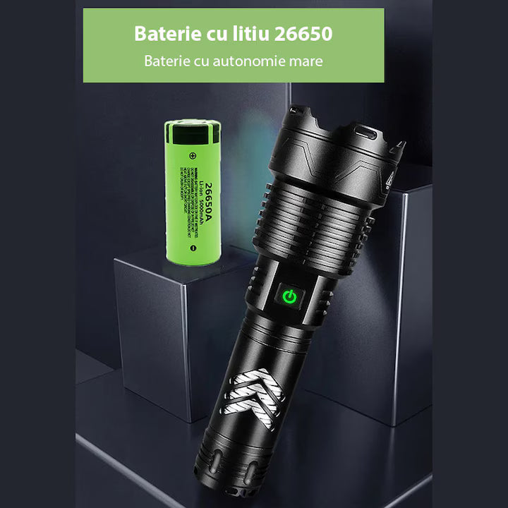 Lanternă LED profesională GLIMATECH 120000 lumeni, reîncărcabilă, rezistentă apăv