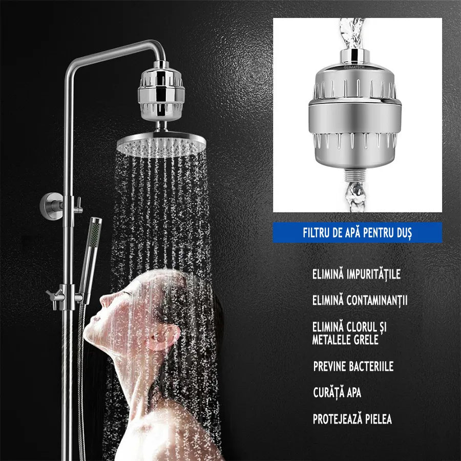 Filtru de apa pentru dus cu 20 de stagii de filtrare GLIMATECH, Elimina impuritatile, metalele, clorul si mirosul neplacut, Infuzie vitamina C, 2 filtre incluse