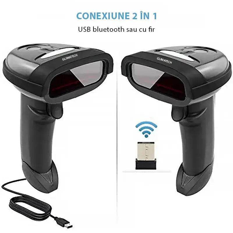 Conținut pachet cititor coduri de bare GLIMATECH wireless: scanner 1D laser, receptor nano USB 2.4GHz, cablu de încărcare și manual utilizator
