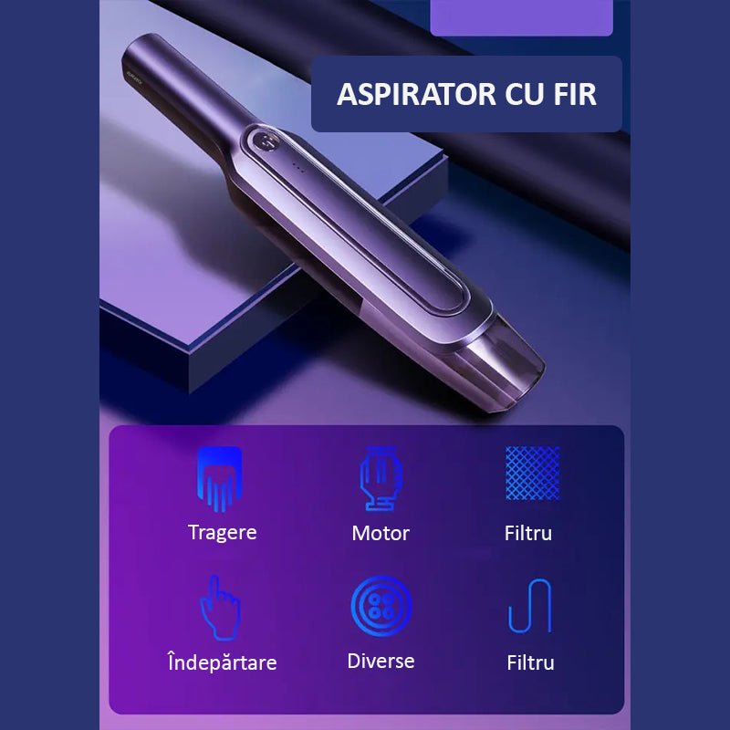 Aspirator auto cu fir pentru masina GLIMATECH, Putere 120W, Lungime clablu 4 m, Aspiratie ciclonica, 6000Pa, Filtru si Accesorii incluse, Incarcare la bricheta masinii, Negru