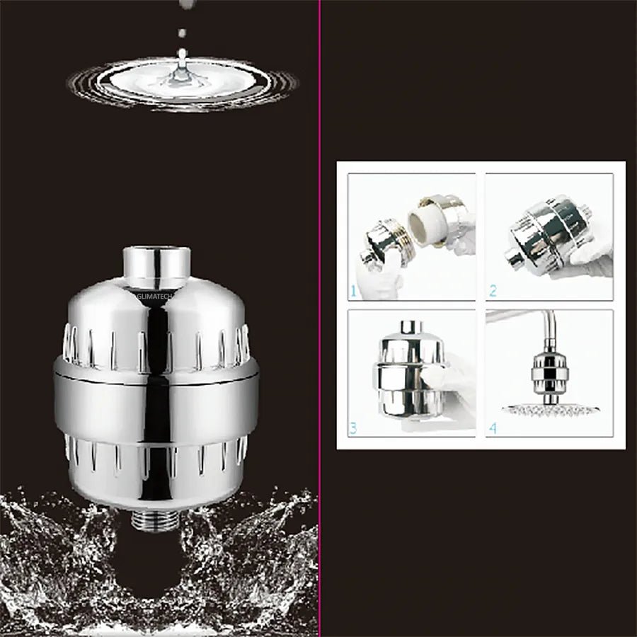 Filtru de apa pentru dus cu 20 de stagii de filtrare GLIMATECH, Elimina impuritatile, metalele, clorul si mirosul neplacut, Infuzie vitamina C, 2 filtre incluse