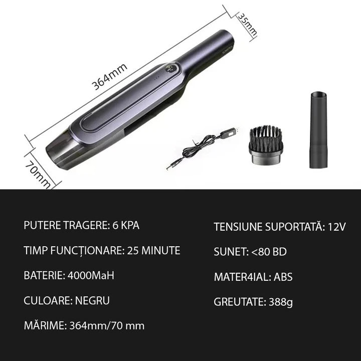 Aspirator portabil fara fir pentru casa si masina GLIMATECH, Wireless, Putere 120W, Timp de lucru 30 de minute, Aspiratie ciclonica, 6000Pa, Filtru si Accesorii incluse, Cablu incarcare USB inclus