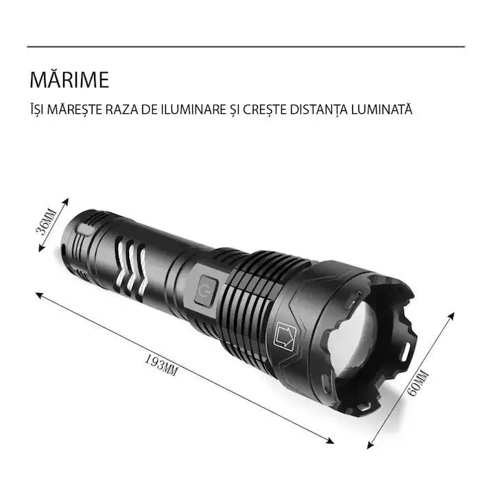 Lanternă LED profesională GLIMATECH 120000 lumeni, reîncărcabilă, rezistentă apă