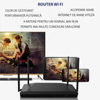 Router wireless Glimatech 4G LTE negru cu 4 antene și slot SIM, dispozitiv conectat la rețea în imagine