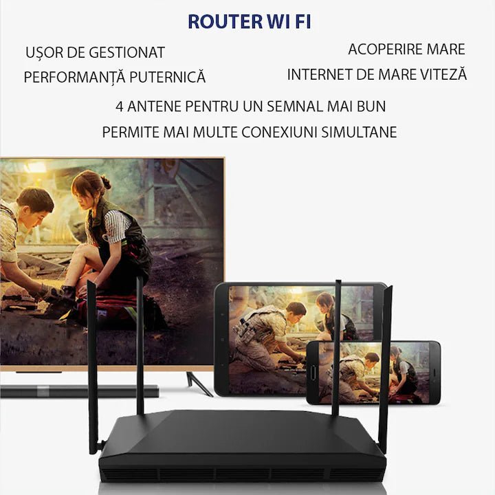 Router wireless Glimatech 4G LTE negru cu 4 antene și slot SIM, dispozitiv conectat la rețea în imagine