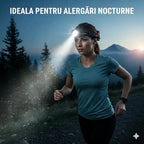 Femeie poartă lanternă de cap LED Glimatech, profesională, cu 20.000 lumeni și funcție powerbank, în activitate în aer liber.