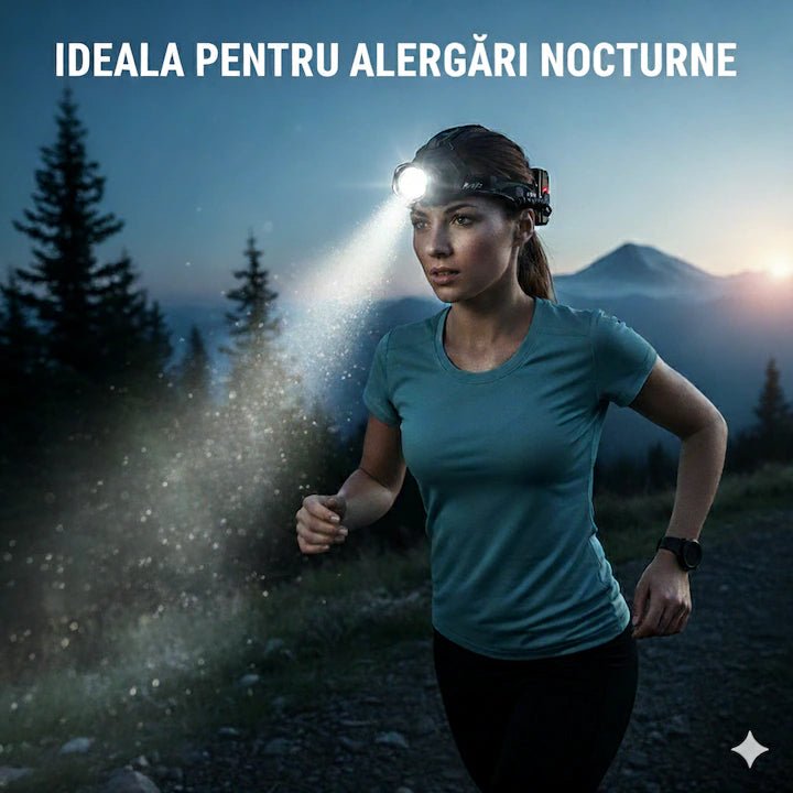 Femeie poartă lanternă de cap LED Glimatech, profesională, cu 20.000 lumeni și funcție powerbank, în activitate în aer liber.
