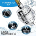 Filtru de apa pentru dus cu 20 de stagii de filtrare GLIMATECH, Elimina impuritatile, metalele, clorul si mirosul neplacut, Infuzie vitamina C, 2 filtre incluse