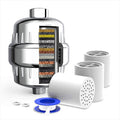 Filtru de apa pentru dus cu 20 de stagii de filtrare GLIMATECH, Elimina impuritatile, metalele, clorul si mirosul neplacut, Infuzie vitamina C, 2 filtre incluse