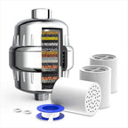 Filtru de apa pentru dus cu 20 de stagii de filtrare GLIMATECH, Elimina impuritatile, metalele, clorul si mirosul neplacut, Infuzie vitamina C, 2 filtre incluse