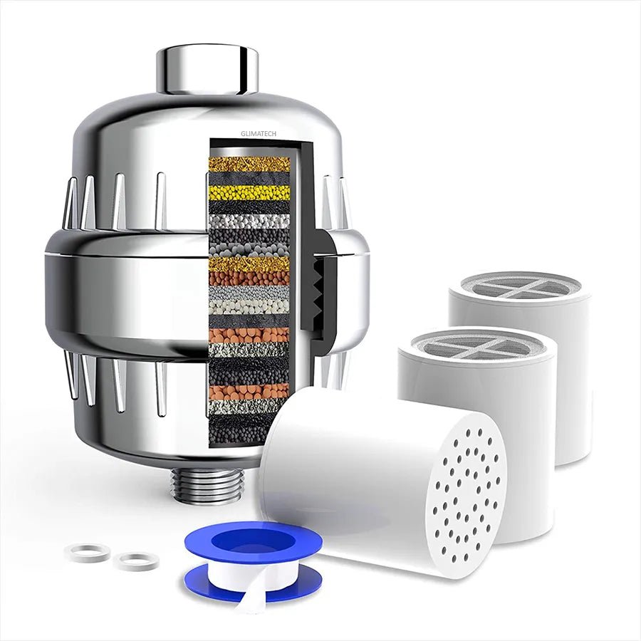 Filtru de apa pentru dus cu 20 de stagii de filtrare GLIMATECH, Elimina impuritatile, metalele, clorul si mirosul neplacut, Infuzie vitamina C, 2 filtre incluse