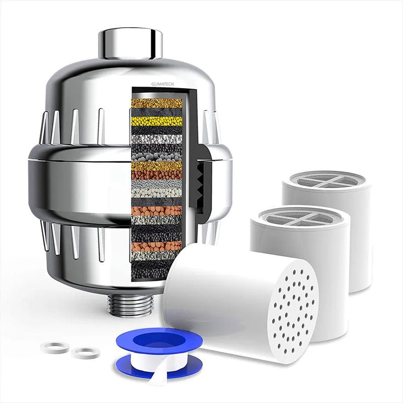 Filtru de apa pentru dus cu 20 de stagii de filtrare GLIMATECH, Elimina impuritatile, metalele, clorul si mirosul neplacut, Infuzie vitamina C, 2 filtre incluse