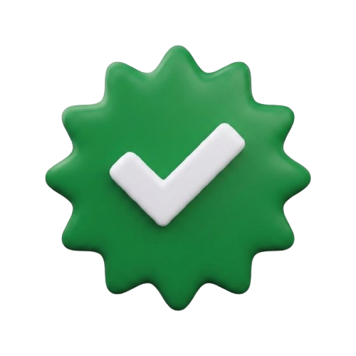 Green star-shaped button with a white check mark on a white background