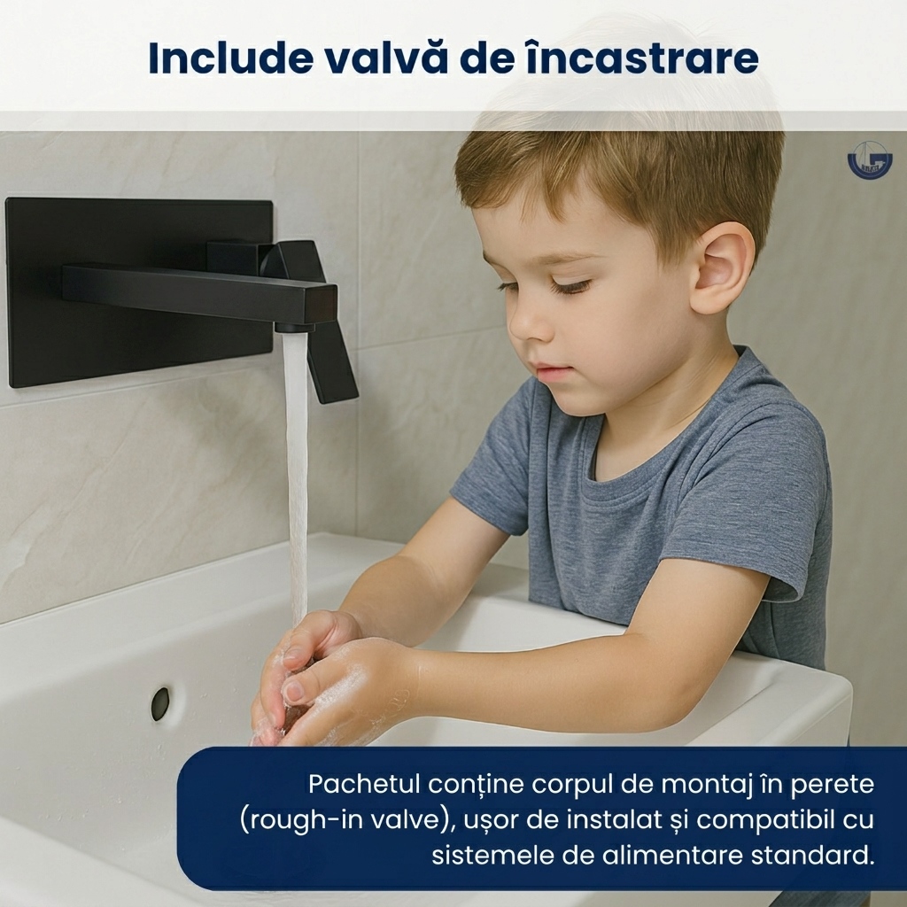 Baterie baie incastrata, GLIMATECH, model DBN-7012, monocomanda, montaj pe perete, valva inclusa, otel inoxidabil 304, finisaj periat, negru mat
