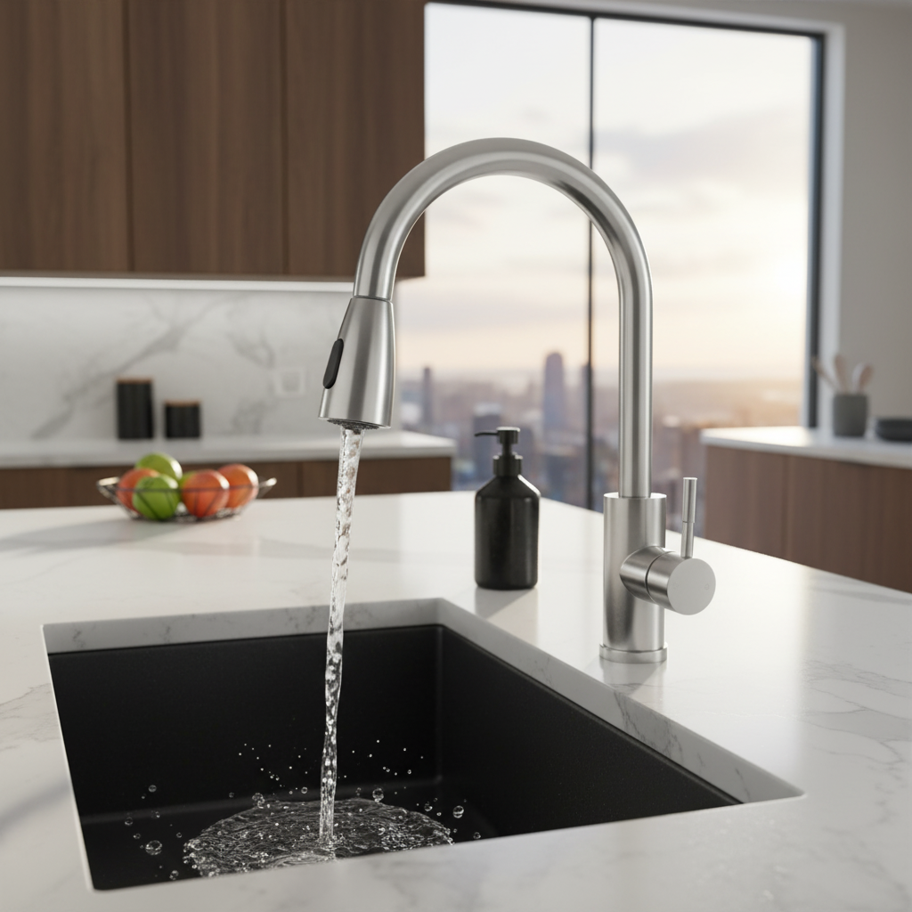 Baterie Chiuveta Pentru Bucatarie Cu Dus Extractabil GLIMATECH, Compatibila cu orice chiuveta Robinet Cu Pipa Pivotanta Flexibila la 360 grade, Dubla Comanda, Din Otel Inoxidabil, Accesorii Incluse, Instalare rapida, Culoare Gri Inox
