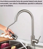 Baterie Chiuveta Pentru Bucatarie Cu Dus Extractabil GLIMATECH, Compatibila cu orice chiuveta Robinet Cu Pipa Pivotanta Flexibila la 360 grade, Dubla Comanda, Din Otel Inoxidabil, Accesorii Incluse, Instalare rapida, Culoare Gri Inox