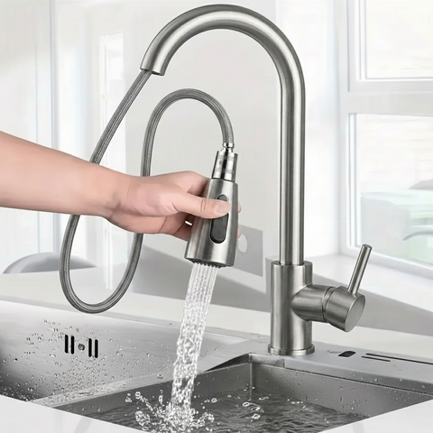 Baterie bucătărie GLIMATECH cu duș extractabil, gri inox