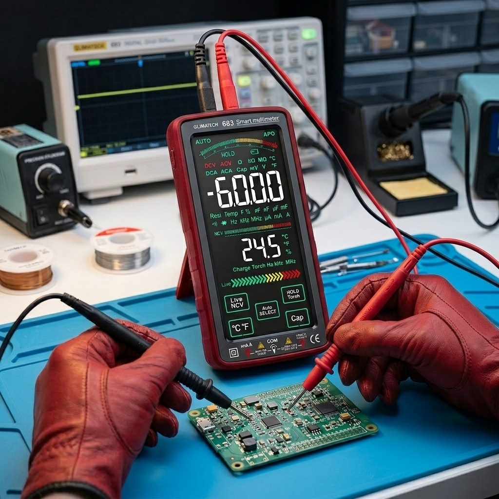 Multimetru digital smart cu touchscreen, 11 functii, NCV detectie automata, AC/DC 1000V, capacitate, rezistenta, frecventa, True RMS, GLIMATECH, ecran LCD, acumulator 1300mAh USB, lanterna integrata, husa transport, Rosu