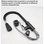 Baterie sanitara bucatarie Glimatech continut pachet complet - robinet negru mat, furtun flexibil, racorduri si accesorii instalare incluse