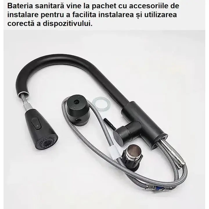 Baterie sanitara bucatarie Glimatech continut pachet complet - robinet negru mat, furtun flexibil, racorduri si accesorii instalare incluse
