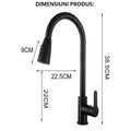 Baterie sanitară bucătărie Glimatech dimensiuni 38.5cm înălțime, 22.5cm lățime, duș extractabil 9cm, pipă pivotantă negru mat