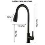 Baterie sanitară bucătărie Glimatech dimensiuni 38.5cm înălțime, 22.5cm lățime, duș extractabil 9cm, pipă pivotantă negru mat