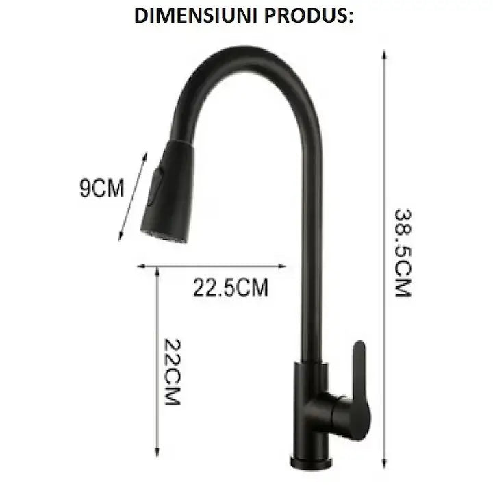 Baterie sanitară bucătărie Glimatech dimensiuni 38.5cm înălțime, 22.5cm lățime, duș extractabil 9cm, pipă pivotantă negru mat